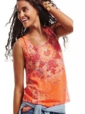 Cabi Merrow Edge Sleeveless Orange Floral Print Tank Top Large